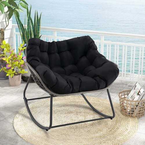 Rent to own Costway 1 PCS Outdoor Rocking Chair Oversized Patio PE Wicker Egg Chair Rattan Lounge Chair - Black + Mix Gray