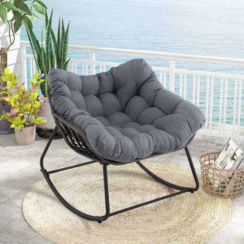 Rent to own Costway 1 PCS Outdoor Rocking Chair Oversized Patio PE Wicker Egg Chair Rattan Lounge Chair - Gray + Mix Gray