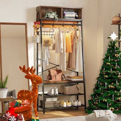 Rent to own Bestier 5-in-1 Hall Tree Entryway Coat Rack with LED Lights Bench and Shoe Storage with Sturdy Metal Frame - Pinewood
