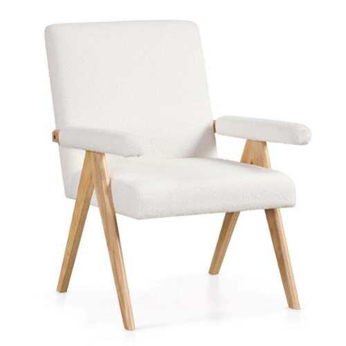 Rent to own Costway - 1 PCS Mid-Century Modern Accent Chair with Solid Rubber Wood Frame and Padded Armrests - Beige + Natural