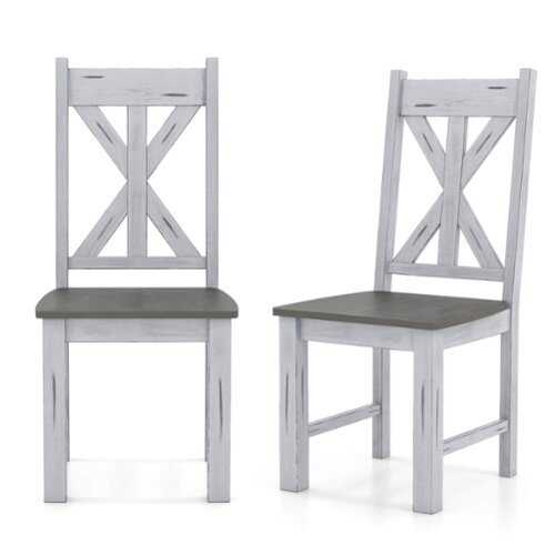Rent to own Costway - Wooden Dining Chair Set of 2 with Rubber Wood Frame Elegant Hollowed Backrest - White, Gray