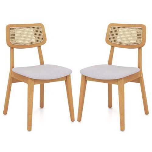 Rent to own Costway - Wooden Rattan Dining Chair Set of 2 with Can Back Rubber Wood Frame Padded Seat - Natural, Gray