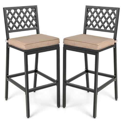 Rent to own Costway - Set of 2 Outdoor Bar Height Dining Chairs Patio Metal Bar Stools with Cushion - Black/Beige