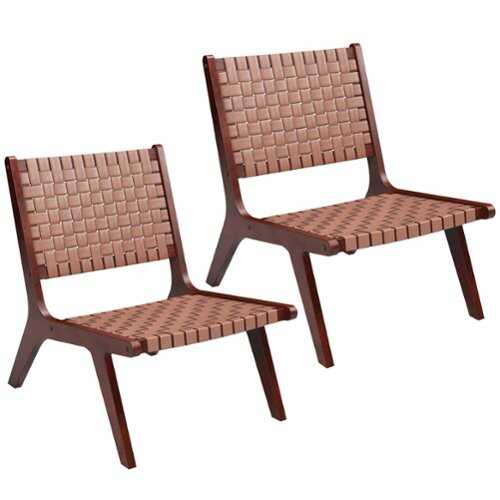 Rent to own Costway - Set of 2 Woven Leather Accent Chair Mid Century Rubber Wood Armless Side Chair - Brown