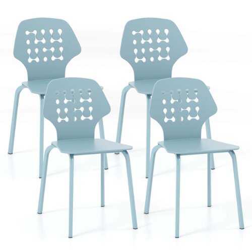 Rent to own Costway - Metal Dining Chair Set of 4 Armless Kitchen Hollowed Backrest & Metal Legs - Blue