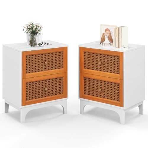 Rent to own Costway 2 PCS Rattan Nightstand with Storage Wood End Sofa Side Table with 2 drawers Wood Legs