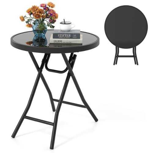 Rent to own Costway - 18" Folding Side Table Round Compact Coffee Table with Tempered Glass Tabletop - Black