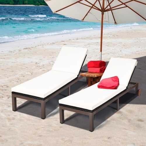 Rent to own Costway 2PC Patio Rattan Lounge Chair Chaise Recliner Back Adjustable Cushioned W/Wheels - White