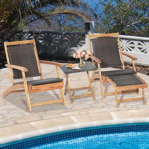 Rent to own Costway 4PCS Patio Rattan Folding Lounge Chair Table Acacia Wood withRetractable Footrest - Mix Brown