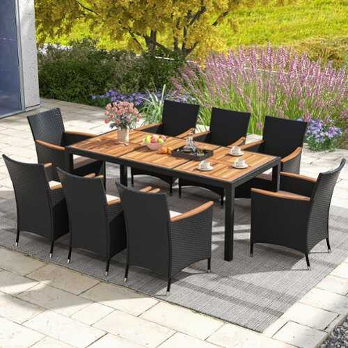 Rent to own Costway 9 PCS Outdoor Dining Set with Acacia Wood Tabletop, Umbrella Hole, Seat Cushions - Black & Natural