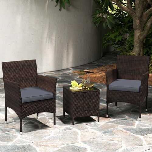 Rent to own Costway 3 PCS Outdoor Conversation Set with Cushioned Seat & Tempered Glass Tabletop - Gray,Mix Brown