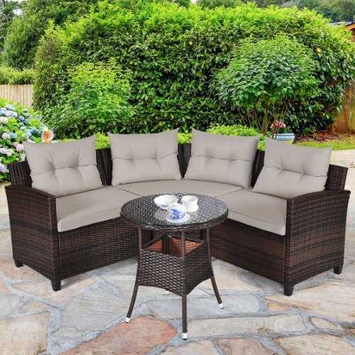 Rent to own Costway 4PCS Outdoor Patio Rattan Furniture Set Cushioned Sofa Table - dark brown&Grey