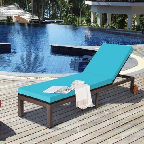 Rent to own Costway Patio Rattan Lounge Chair Chaise Recliner Back Adjustable W/Wheels Cushioned - Turquoise
