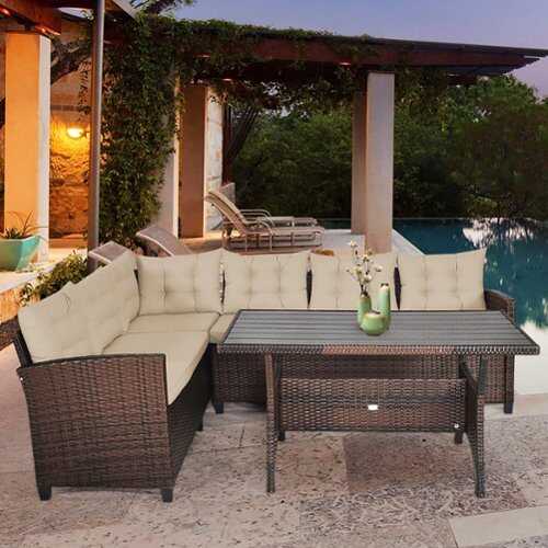 Rent to own Costway 3PCS Rattan Dining Set Patio Furniture 6 Seats Sofa Cushioned - as pic