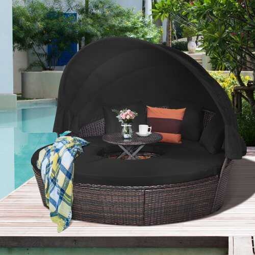 Rent to own Costway Patio Rattan Daybed Cushioned Sofa Adjustable Table Top Canopy - Black