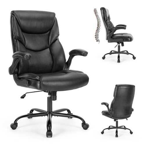 Rent to own Bestier - Task Chairs PU Leather with Adjustable Fixed Lumbar Support Office Chair in Black with Flip-up Armrest Strong Metal Base