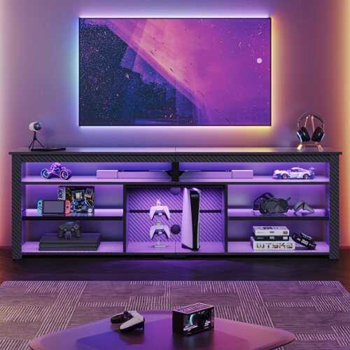 Rent to own Bestier 70" Gaming TV Console for TVs up to 75" featuring LED Lighting Storage and Adjustable Shelves - Black Carbon Fiber