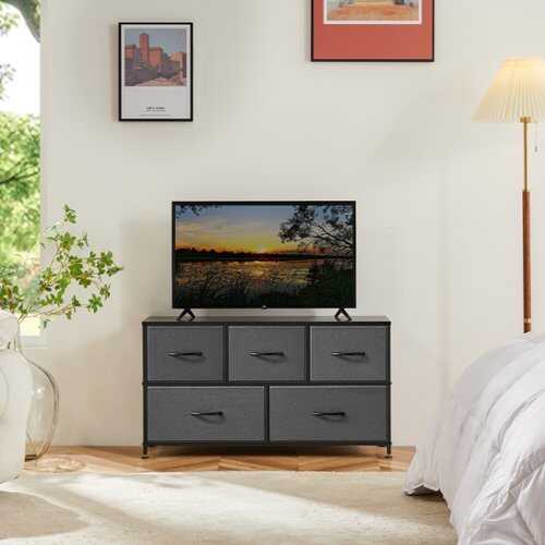 Rent to own Bestier - 5 Drawer 11.8 in. Fabric Storage Tower Dresser Wooden Top Without mirror for Kid Room, Closet, Entryway, Nursery - Gray