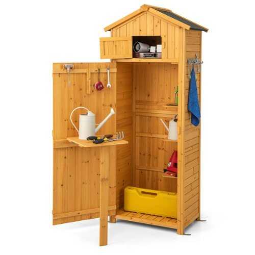 Rent to own Costway Garden Storage Shed Outdoor Lockable Storage Cabinet Tool Organizer with Shelves - Natural