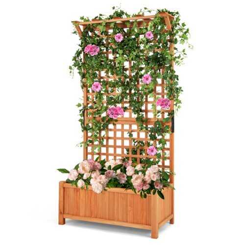 Rent to own Costway Raised Garden Bed Planter Box Climbing Plants Container with Trellis &Hanging Roof - Natural