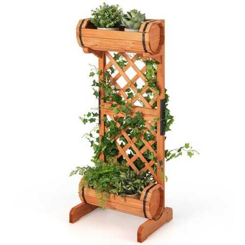 Rent to own Costway 2-Tier Planter Box Raised Garden Bed Vertical Wooden Container with Trellis - Orange