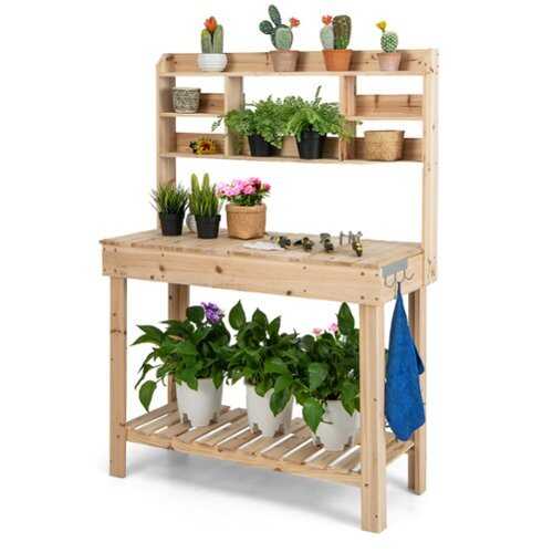 Rent to own Costway Potting Bench Table Wooden Garden Work Bench Platform with Display Rack Hidden Sink - Natural
