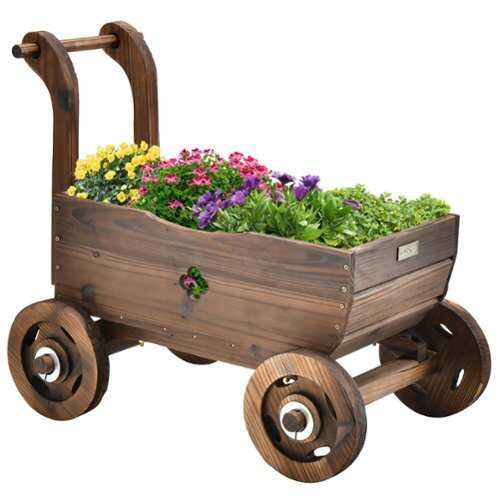 Rent to own Costway Decorative Wagon Cart Plant Flower Pot Stand Wooden Raised Garden Planter Box - Rustic Brown