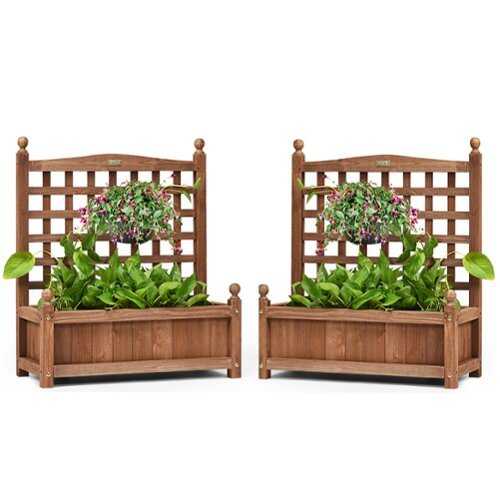 Rent to own Costway 2 PCS Solid Wood Planter Box with Trellis Weather-Resistant 25"x11"x30" - Dark brown