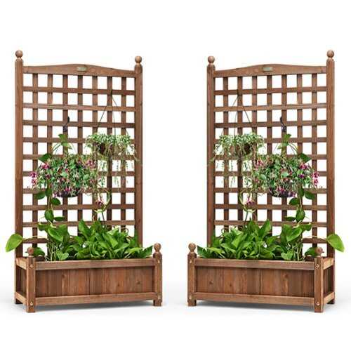 Rent to own Costway 2 PCS Solid Wood Planter Box with Trellis Weather-Resistant 25"x11"x48" - Dark brown