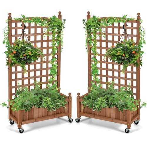 Rent to own Costway 2PC 50in Wood Planter Box  w/Trellis Mobile Raised Bed for Climbing Plant - Natural
