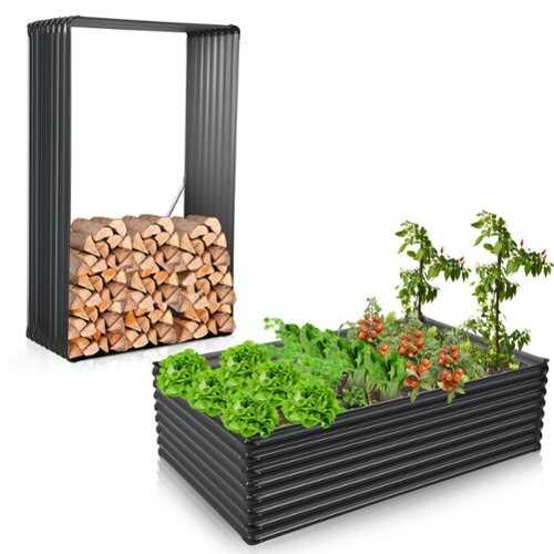 Rent to own Costway 2 PCS Galvanized Raised Garden Bed Outdoor Planter Box Firewood Rack Log Holder - Dark Grey