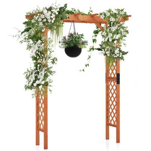 Rent to own Costway Arbor Over 7FT High Wooden Garden Arch Trellis Pergola Outdoor Patio Plant - Yellow