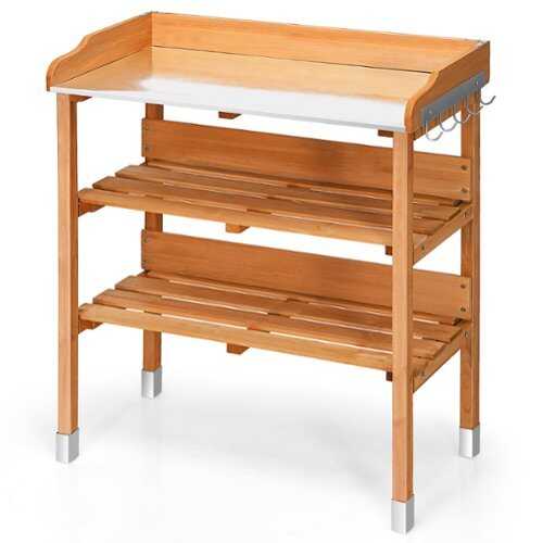 Rent to own Costway Garden Wooden Potting Bench Work Station Table Tool Storage Shelf W/Hook - Natural