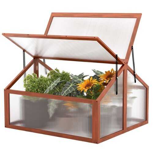 Rent to own Costway Double Box Garden Wooden Green House Cold Frame Raised Plants Bed Protection - Brown