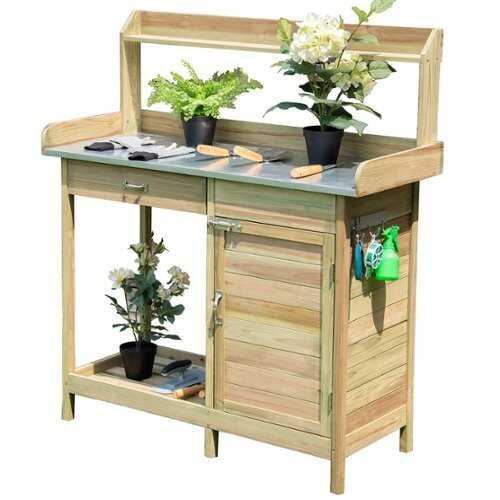 Rent to own Costway Outdoor Potting Bench Garden Wooden Work Station Metal Tabletop Cabinet Drawer - Natural