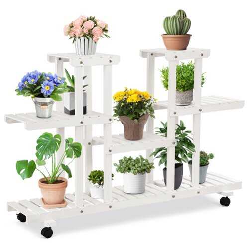 Rent to own Costway 4-Tier Rolling Flower Rack Wood Plant Stand Casters 12 Pots Bonsai Display Shelf - White