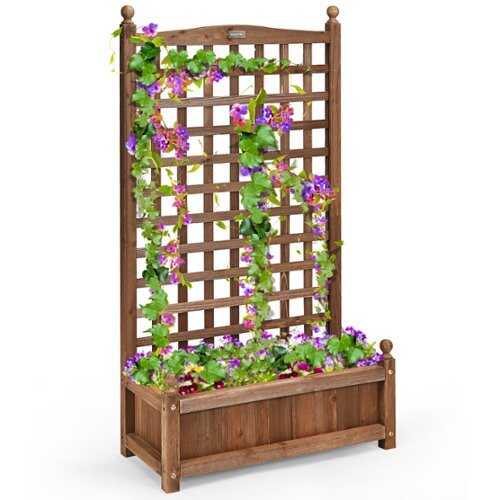 Rent to own Costway Solid Wood Planter Box with Trellis Weather-Resistant Outdoor 25''x11''x48'' - Dark brown