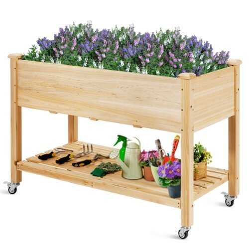 Rent to own Costway Raised Garden Bed Wood Elevated Planter Bed w/Lockable Wheels Shelf & Liner - Natural