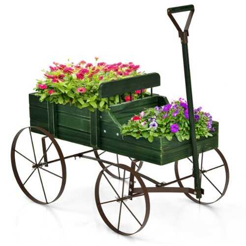 Rent to own Costway Garden Plant Planter Wooden Wagon Planter W/ Wheel Garden Yard - Green