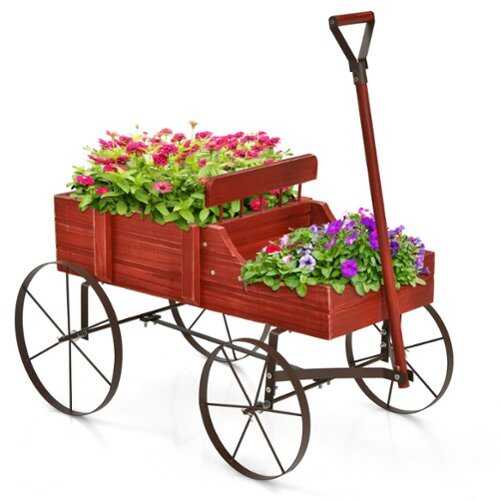 Rent to own Costway Garden Plant Planter Wooden Wagon Planter W/ Wheel Garden Yard - Red