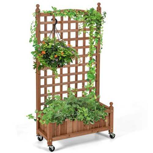 Rent to own Costway 50in Wood Planter Box  w/Trellis Mobile Raised Bed for Climbing Plant - Natural