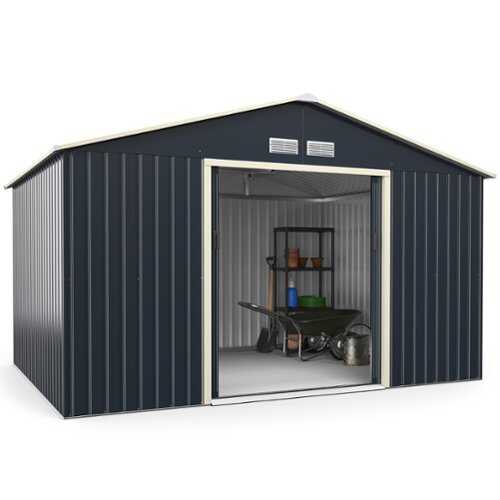 Rent to own Costway Metal Storage Shed for Garden and Tools w/Sliding Double Lockable Doors - Grey