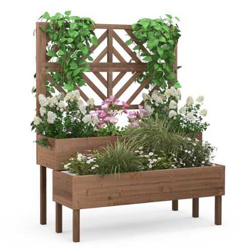 Rent to own Costway 2-Tier Raised Garden Bed with Trellis Wooden Elevated Planter Box for Vegetables - Coffee