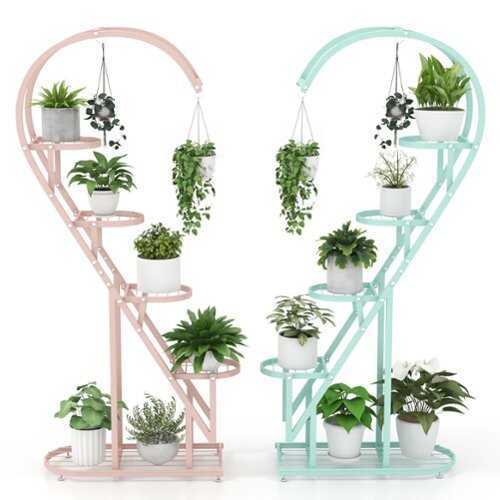 Rent to own Costway 5 Tier Metal Plant Stand Heart-shaped Shelf with Hanging Hook for Multiple Plants - Pink + Blue