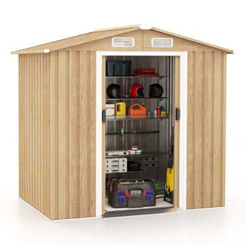 Rent to own Costway 6 x 4 FT Outdoor Storage Shed Galvanized Steel Shed with Sliding Doors Wood Grain - Natural