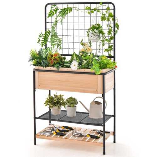 Rent to own Costway 59" Raised Wooden Garden Bed with Metal Trellis Open Storage Shelves Drain Holes - Natural