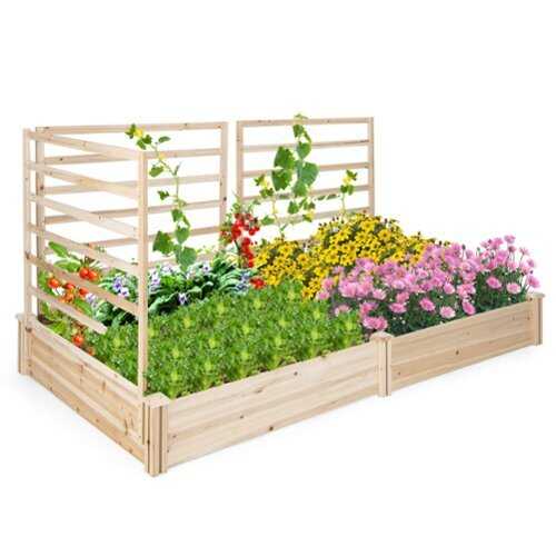 Rent to own Costway Raised Garden Bed with 3 Trellises with Divided Compartments for Flowers - Natural