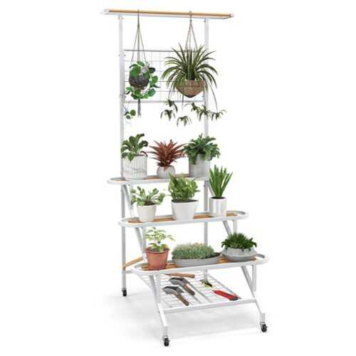 Rent to own Costway 4-Tier Hanging Plant Stand Ladder Plant Shelf with Hanging Bar & Trellis - White + Tan