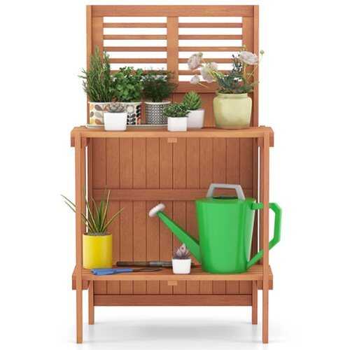 Rent to own Costway Wood Potting Bench Waterproof Garden Table with 2-Tier Open Storage Shelf - Natural