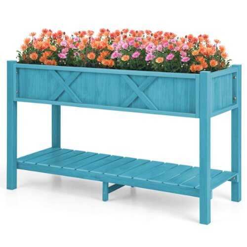 Rent to own Costway HIPS Raised Garden Bed Poly Wood Elevated Planter Box with Legs, Storage Shelf - Blue